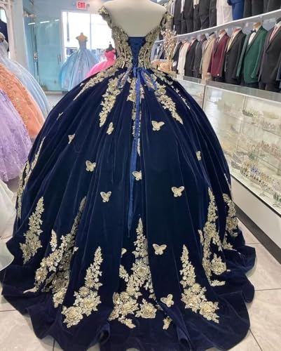 Off Shoulder Quinceanera Dresses Puffy Velvet 3D Flowers Ball Gown 3D Butterfly Sweet 15 16 Prom Dresses3