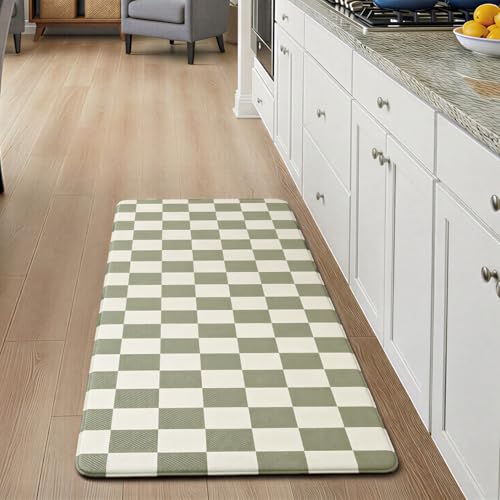 Beige Sage Checkered Grid Checkerboard Kitchen Rug Sets [1 PC], Anti-Fatigue, Waterproof Non-Slip Kitchen Mats Heavy Duty Comfort Foam Rug for Kitchen, Floor, Laundry,17"x47"