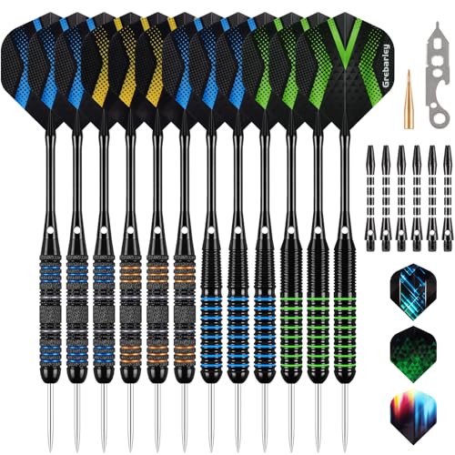 Grebarley Dartpfeile mit Metallspitze,12 Stück Profi Steeldarts 18 Aluminium Schaft mit 9 Flights 20 Orings