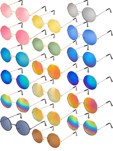 Blulu 18 Pairs Hippie Round Sunglasses for Women Men Bulk Retro Circle Hippie Glasses Metal Frame for Disco Party Accessory
