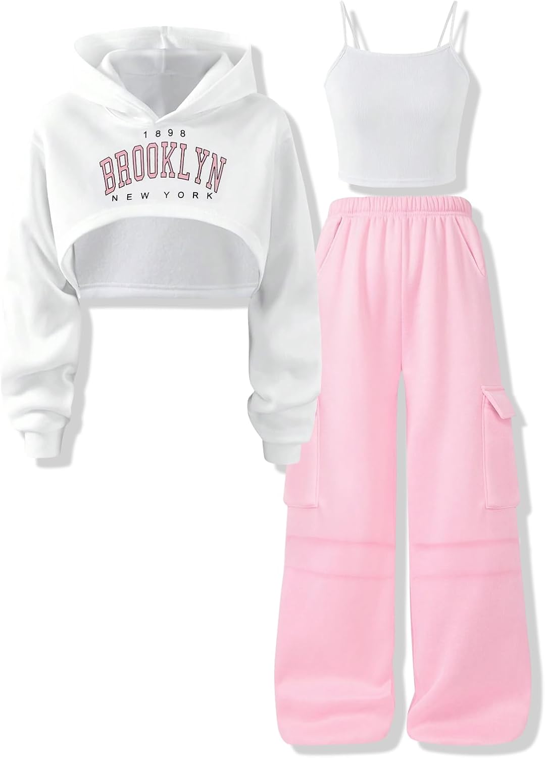 Size 11 12 Years Girls 3PCS Fashion Clothing Set Cropped Hoodie Cami Top Cargo Pants Cute Girls Clothes Set Pink(11-12Y)