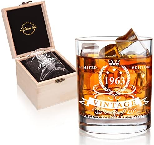 LIGHTEN LIFE 60th Birthday Gifts for Men 12 oz,1963 Whiskey Glass in Valued Wooden Box,Whiskey Bourbon Glass for 60 Years Old Dad,Husband,Friend,60th Bday Gift Ideas,60th Birthday Decorations for Men
