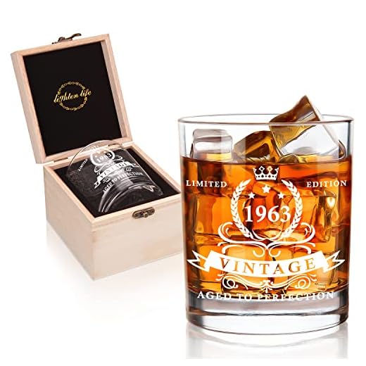 LIGHTEN LIFE 60th Birthday Gifts for Men 12 oz,1963 Whiskey Glass in Valued Wooden Box,Whiskey Bourbon Glass for 60 Years Old Dad,Husband,Friend,60th Bday Gift Ideas,60th Birthday Decorations for Men