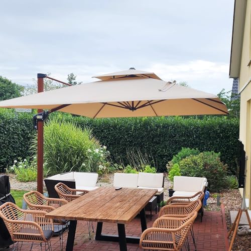 PURPLE LEAF Alu Sonnenschirm Groß Ampelschirm 330 x 330 cm Holzoptik Doppeldach Gartenschirm mit Kurbel 360° Drehbar XXL, Sonnenschutz UV50+, Beige