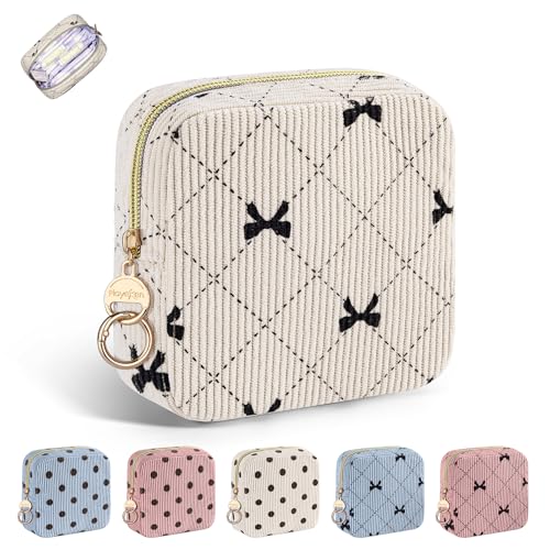 Image of Period Bag for Teen Girls, Corduroy Sanitary Napkin Pouch, B-Beige | Bow Menstrual Pad Pouches Tampon Holder for Purse, Cute Period Pouches for Storage Sanitary Napkin, Menstrual Cup, Pad, Tampo