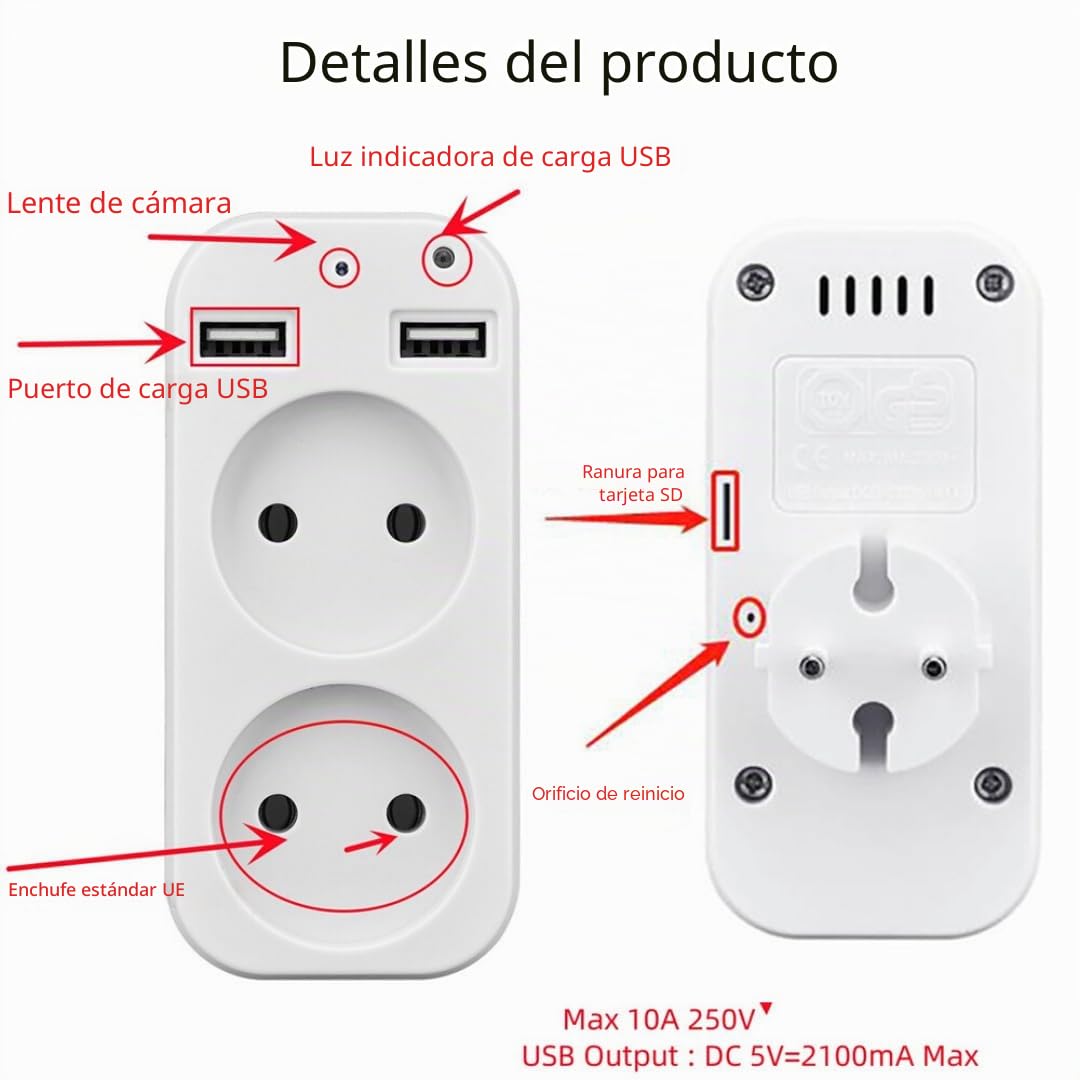 Genérico Multitoma Cámara Espía 2 enchufes Ultra HD 4K WiFi