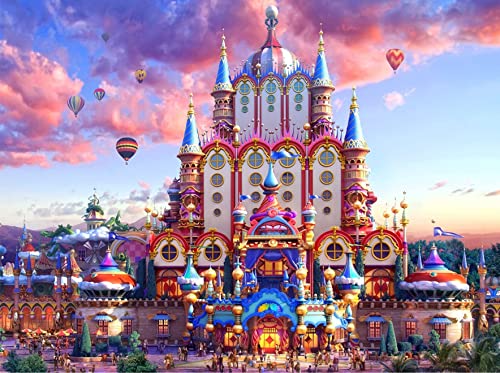 Fantasy Castle 500 Piece Castle Puzzle For Adults & Kids, Whimsical Fairy Tale Princess' Palace Illustration, Hot Air Balloons, Pink Sunset Clouds & Sky #TOP4