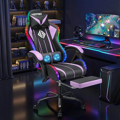 Image of HOFFREE Gaming Chair with LED RGB Lights and Massage Ergonomic Computer Chair with Footrest High Back Video Game Chair with Adjustable Lumbar Support Linkage Armrest Purple and Black