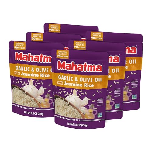 Image of Mahatma Ready to Heat Garlic & Olive Oil-Flavored Jasmine Rice, Precooked Rice, Microwaveable in 90 Seconds, Six 8.8-Ounce Bags