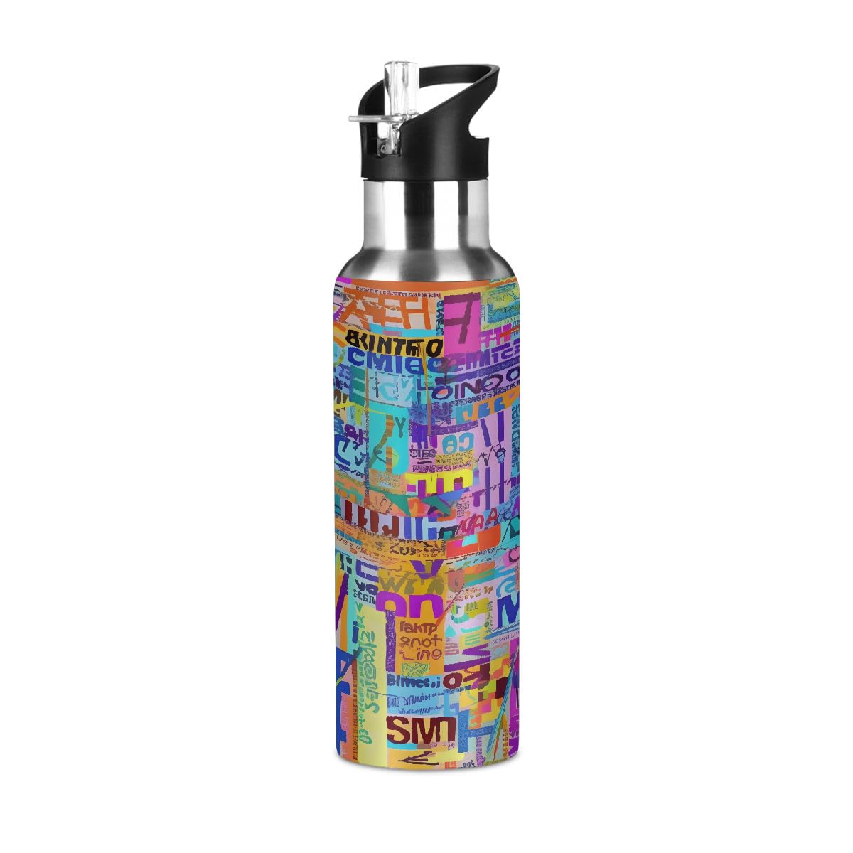 Mexpekil Colorful Graffiti 600ml Insulated Water Bottle with Straw Lid Stainless Steel Thermos Bottle Vacuum Flask Leakproof Travel Sports Water Bottles for Running Cycling Hiking