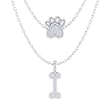 Dog Paw and Bone Layered 1/10 Cttw Natural Diamond Pendant Necklace set in 925 Sterling Silver