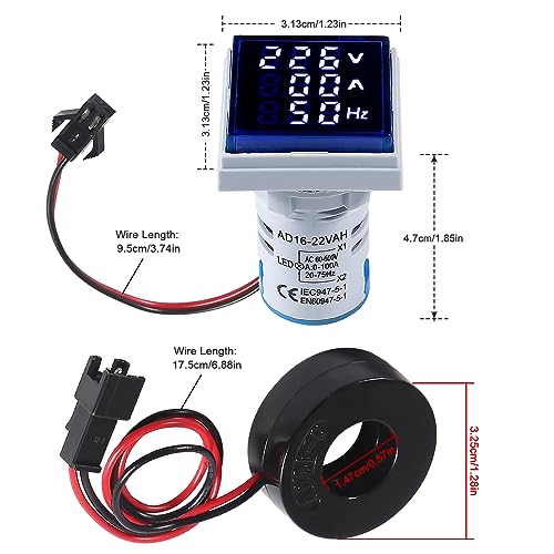 Image of Alinan 3 in 1 60-500V 0-100A AC Digital Ammeter Voltmeter, 22mm Square Digital Tube Screen with Transformer, LED Display Voltage Detector Current Tester Gauge(Blue)