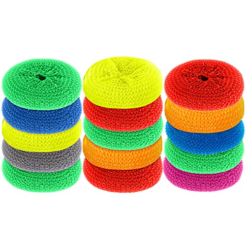 Blulu Plastic Dish Scrubbers for Dishes Pot Round Nylon Pad Mesh Scouring Non Scratch Pads(Rainbow Colors 15 Pieces)