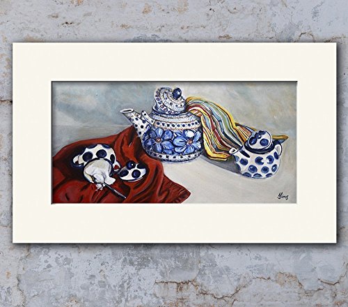 Polish Pottery Unikat Teapot Wall Decor Art Print Blue Americana Farmhouse Kitchen, Size Mat Option #TOP1