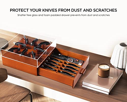 Pocket Knife Display Case Pocket Knife Case Pocket Knife Holder Stores Upto 30 Knives In Two-Tier Pocket Knife Storage With Shatterproof Acrylic Glass Top Large Wooden Shelf And Walnut Color Finish #TOP5