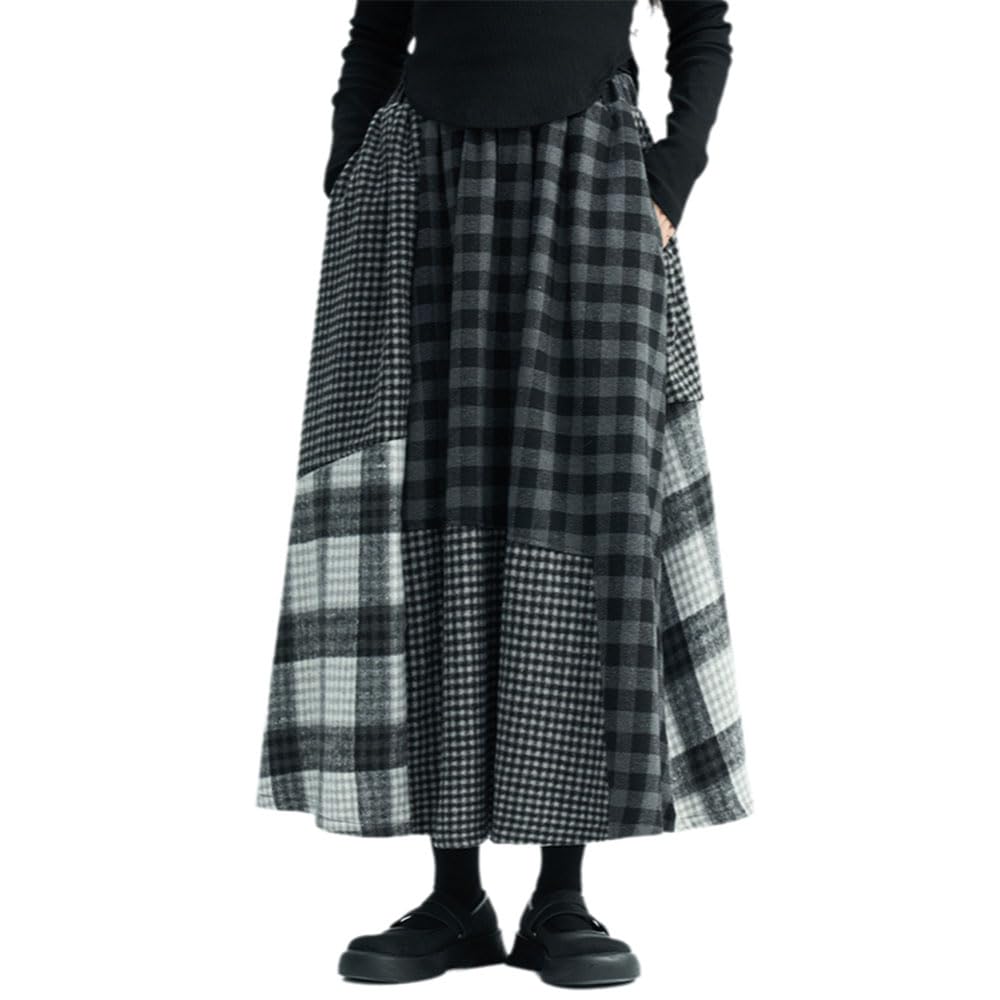 Womens Checked Patchwork Wool Skirt with Elastic Waist A-Shaped Pleated Checked Irregular Half-Length Dress