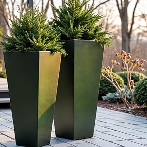 Worth Garden Large Metal Glazed Planter Set of 2 (25" + 28"), Luxurious Glossy Finish Green Tall Square Tapered Steel Plant Pot, Decor Flower Pot Indoor & Outdoor, Drainage Hole & Dual-Purpose Saucer Worth Garden Large Metal Glazed Planter Set of 2 25 28 Luxurious Glossy Finish Green Tall Square Tapered Steel Plant Pot Decor Flower Pot Indoor Outdoor Drainage Hole Dual Purpose Saucer