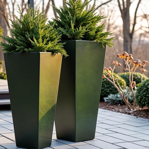 Worth-Garden-Large-Metal-Glazed-Planter-Set-of-2-25-28-Luxurious-Glossy-Finish-Green-Tall-Square-Tapered-Steel-Plant-Pot-Decor-Flower-Pot-Indoor-Outdoor-Drainage-Hole-Dual-Purpose-Saucer Worth Garden Large Metal Glazed Planter Set of 2 25 28 Luxurious Glossy Finish Green Tall Square Tapered Steel Plant Pot Decor Flower Pot Indoor Outdoor Drainage Hole Dual Purpose Saucer