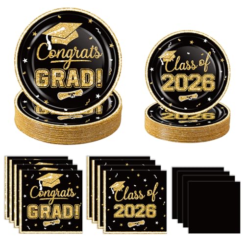 2026 Graduation Party Supplies Tableware Set - 100 Pcs Black Gold Graduation Plates and Napkins Class of 2026 Disposable Dinnerware for College High School Congrats Grad Party favors, Serve 25