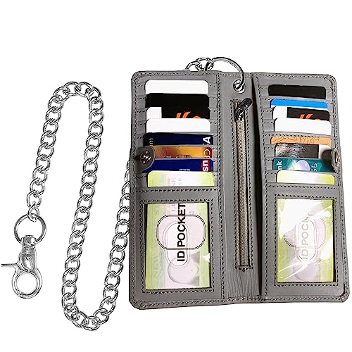 Image of CLASSIC Motorcycle Chain Wallet for Men - Premium Cowhide Leather, RFID Bi-Fold Biker Wallet with Heavy Duty Chain for Bikers Truckers & Hunters, Credit Card Money Organizer Long Wallet Aniline Grey