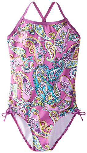 Kanu Surf Girls' Layla Beach Sport Banded 1 Piece Swimsuit, Caroline Purple Paisley, 12