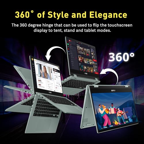 Image of ASUS Chromebook Flip 14 inch FHD Touchscreen Laptop, MediaTek Kompanio 520, 4GB LPDDR4X, 64GB eMMC, MediaTek Integrated Graphics, 720p HD Webcam, WiFi 6, Long Battery Life, Chrome OS, Gray Green (Renewed)
