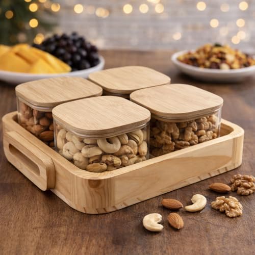 Image of 4 Pcs Borosilicate Glass Square Airtight Jar Set with Pinewood Tray | 450ml Each | Elegant Dry Fruit & Snack Serving Jar Set for Kitchen, Dining & Gifting
