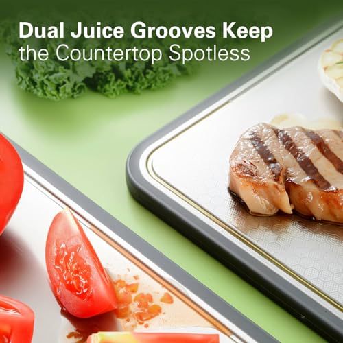INZOO Double-Sided Stainless Steel Cutting Board for Kitchen, 16\'\'×11\'\' Scratch-Resistant Cutting Board for Meat, Vegetables & Fruits, Rust-Resistant Chopping Board with Juice Groove on Both Sides