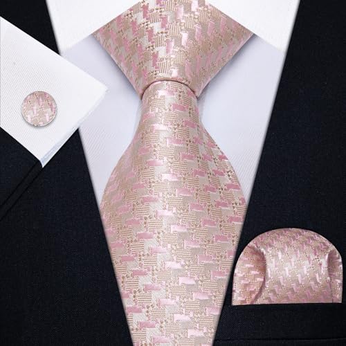 Image of YourTies Pink Ties for Men Woven Floral Silk Tie and Pocket Square Set Wedding Party Tuxedo Neckties with Gift Box Prom