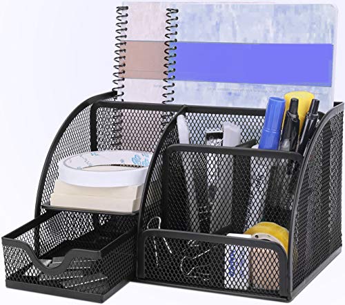 Desk Organizer with 7 Compartments, Metal Desktop Organizers Storage with Removable Drawer and Dividers
