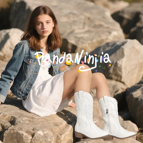 PANDANINJIA Girls Cowboy Boots Toddler Cowgirl Boots Little Big Kids Western Mid Calf Round Toe Embroidered Horse Riding Shoes Booties3
