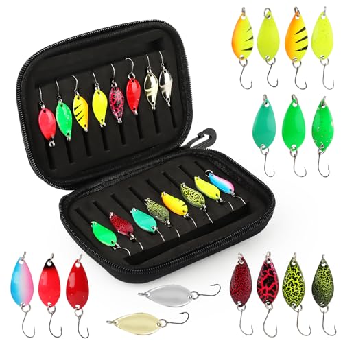 16 Kit Señuelosde Cucharilla de Pesca, Cucharas de Trucha Set 2.5/3.5/5g, Cucharillas Pesca Trucha Set con Caja de Almacenamiento, Señuelos Pesca, Colores Múltiples Señuelos para Trucha Lucio Perca