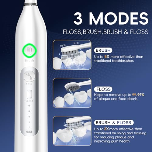 OILSAO Electric Toothbrush with Water Flosser, 3-in-1 Sonic Flossing Toothbrush with 3 Modes & 5 Flossing Speeds & 4 Brush Heads, 30-Day Battery, Rechargeable & Portable for Adult Teeth Cleaning,White — view 2