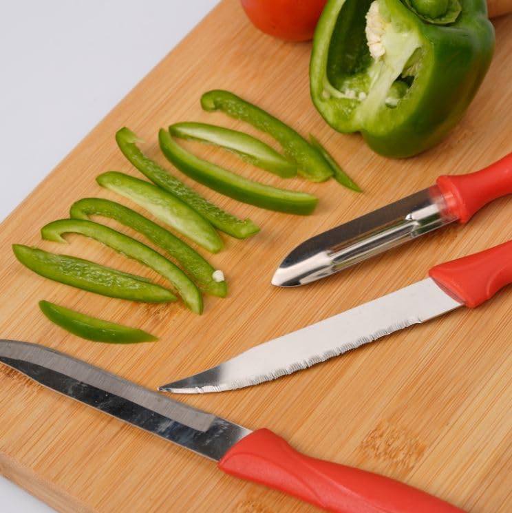 Image of Slyford 3-Piece Kitchen Knife & Peeler Set, High Carbon Stainless Steel, Non-Slip PP Handle, Cooking, Cutting, Slicing, Utility, Home and Restaurant Use (Multi Colour)