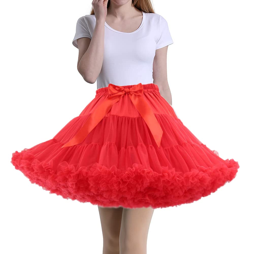 Tmade Women's Tulle Petticoat Tutu Party Multi-Layer Puffy Cosplay Skirt, PureRed, Length 40cm, Waist 56-100cm