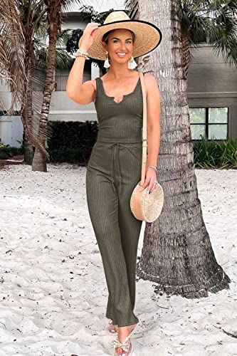 Prettygarden Womens Summer Casual Two Piece Outfits Sweatsuits Tank Scoop Neck Ribbed Knit Long Pants Tracksuits(Army Green, Large) #TOP1