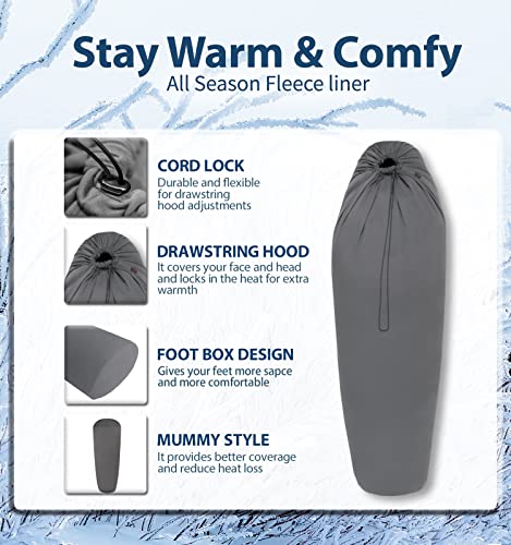 Litume All Season Sleeping Bag Liner Adds Up to 27F, Lightweight Mummy Sleeping Sack for Backpacking, Camping, Traveling with Drawstring Hood and Stuff Sack (No Zipper/with Compression Sack)