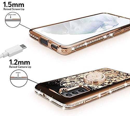 Silverback for Galaxy S21 Case, Moving Liquid Holographic Sparkle Glitter Case with Kickstand, Girls Women Bling Diamond Ring Slim Protective Case for Samsung Galaxy S21 5G -Gold