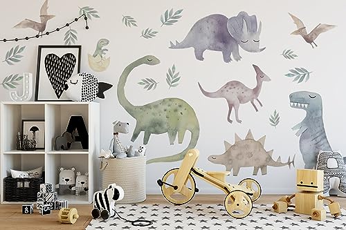 Image of BelleImpression - Dinosaur Wall Decal Jurassic Set (105cm W x 165cm H) Removeable Watercolour Stickers Perfect for Nursery or Bedroom Decoration. Suitable for Kids, Toddler or Children.