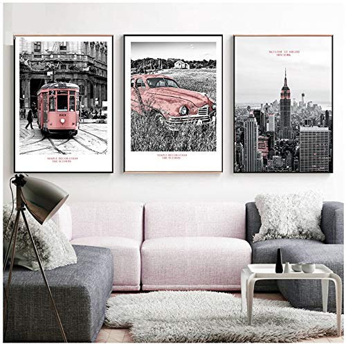 TYLPK Cuadro en Lienzo Skyline at Night New York Poster Tram Wall Picture Fotografía en Blanco y Negro del Campo Decoración Moderna para el hogar 40x50cm (15.7