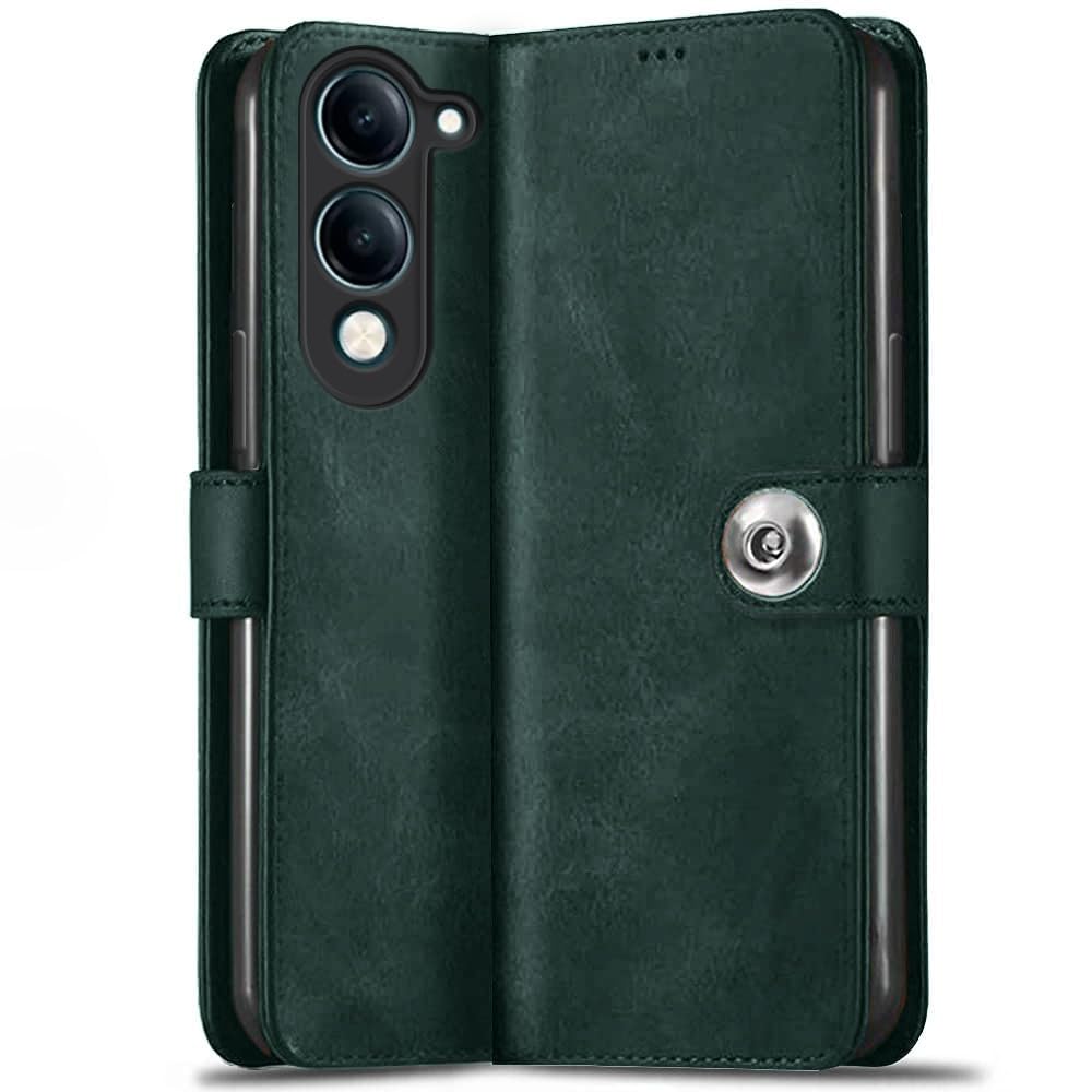 TheGiftKart Flip Cover Back Case for iQOO Z10 Lite 5G / Vivo T4 Lite 5G | Genuine Leather Finish | Designer Button | Inbuilt Pockets & Stand | Wallet Style Flip Back Cover Case (Faux Leather, Green)