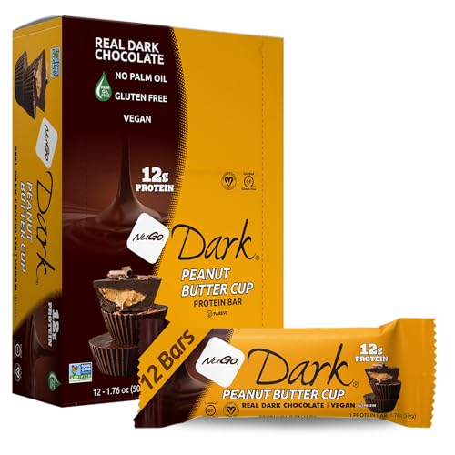 NuGo Dark Chocolate Peanut Butter Cup, 12g Protein Bar, Vegan, Gluten Free, Non-GMO, Kosher Pareve 12 Count