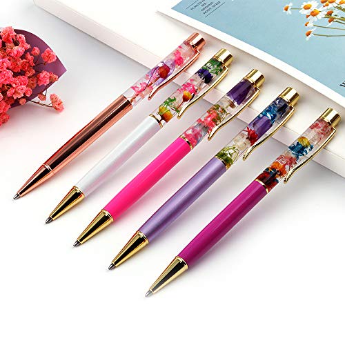 Ballpoint Pens, 5 Pieces Rose Gold/White/Purple/Rose Red/Dark Purple Metal Ball Pen refillable Refills Black Ink Herbarium Floral Pens for Office Supplies - Thumbnail 4
