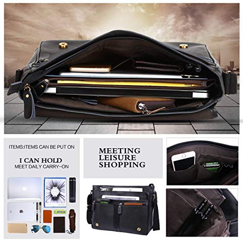 Leathario Men's Leather Shoulder Bag 14inch Laptop Bag Messenger Bag Crossbody Bag Satchel Bag Black