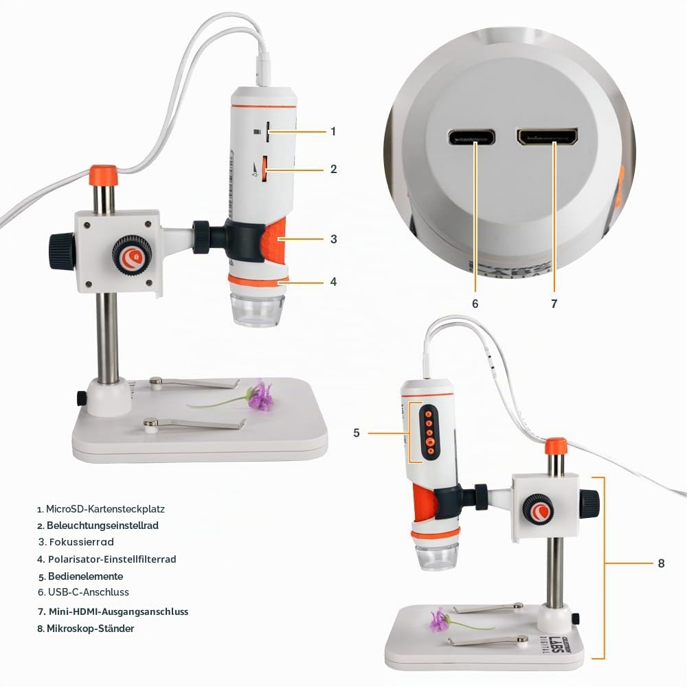 Celestron 44316 MicroDirect 1080P HDMI digitales Hand-Mikroskop, 10- bis 220-fache Vergrößerung, Grau/weiß