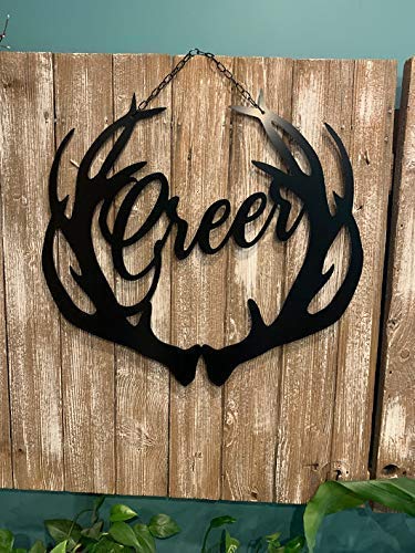 Deer Antler Decor with Script Family Last Name, Metal ACM Buck Antlers Sign Customized For Lady Hunter Gift, Rustic Door Hanger, QUICK Ship (Script Name)