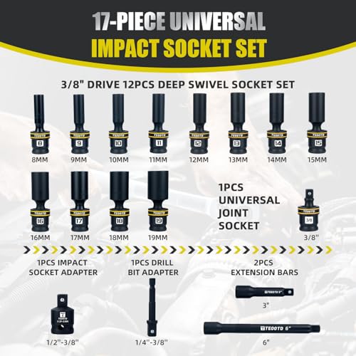 Image of 17 PCS 3 /8-Inch Drive Swivel Socket Set, Metric Universal Impact Socket Set, 6-Point, 8-19mm, CR-MO Flexible Wobble Sockets,with 3 inch 6 inch Extension Bars and Adapter