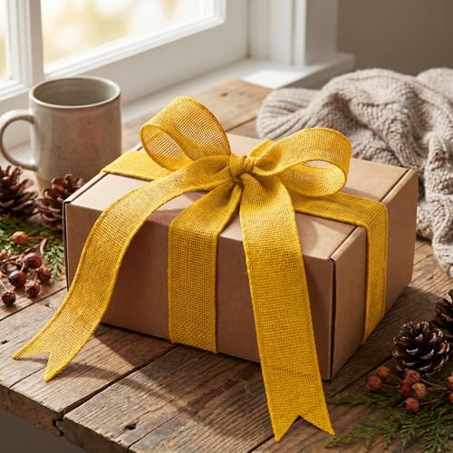 AFLZSP Yellow Burlap Wired Ribbon, Solid Ribbon with Wire Edge for Big Bow, Wreath, Tree Decoration, Halloween, Thanksgiving Decoration, Gift Wrapping, 1 1/2 Inch x 5 Yards/Roll. — view 3