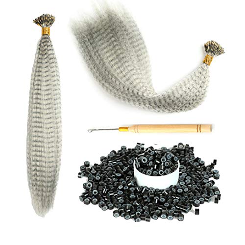 30 Strands 16'' Mixed Colors Colored Synthetic Feather Hair Extensions Kit (Not Real Feather) with 50 Pcs Silicon Micro Link Beads 1 Crochet Hook Tools Kit (16 inches, light gray)…