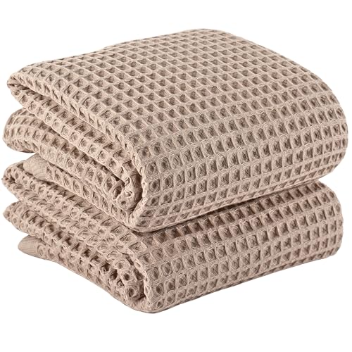 PÜSKÜL Natural 100% Turkish Cotton Waffle Bath Towels Set of 2-Piece | 32x63 inch Extra Large Absorbent Quick-Dry Lightweight Spa Towel | Luxury Sauna Accessories (Beige Bath Towels - Pack of 2)